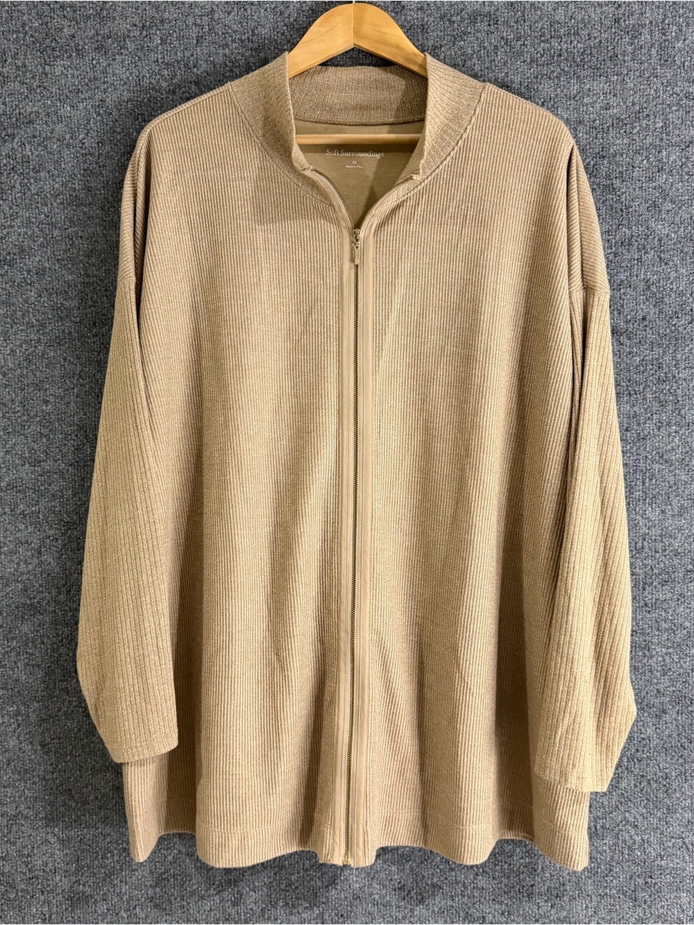 Soft Surroundings Womens Ribbed Knit Textured Full Zip Top Size 3X Beige Stretch